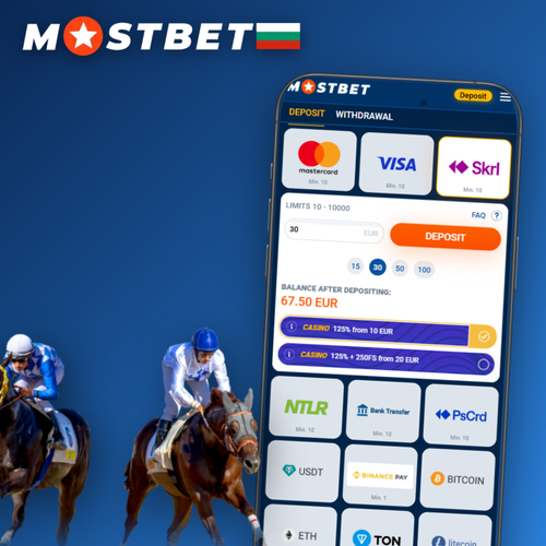 Mostbet депозит на мобилен екран с икони на Visa, Mastercard и Bitcoin